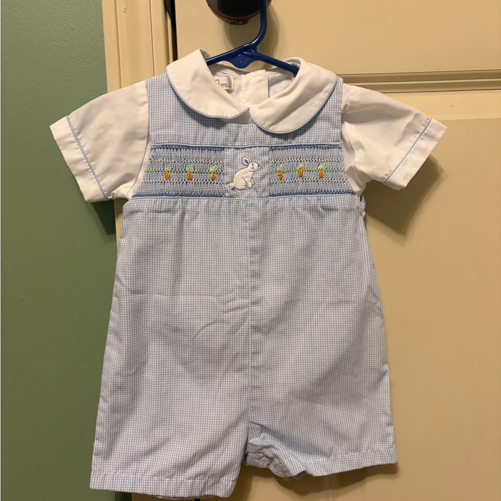 Blue and White Easter Smocked Short Jon Jon with Collared shirt